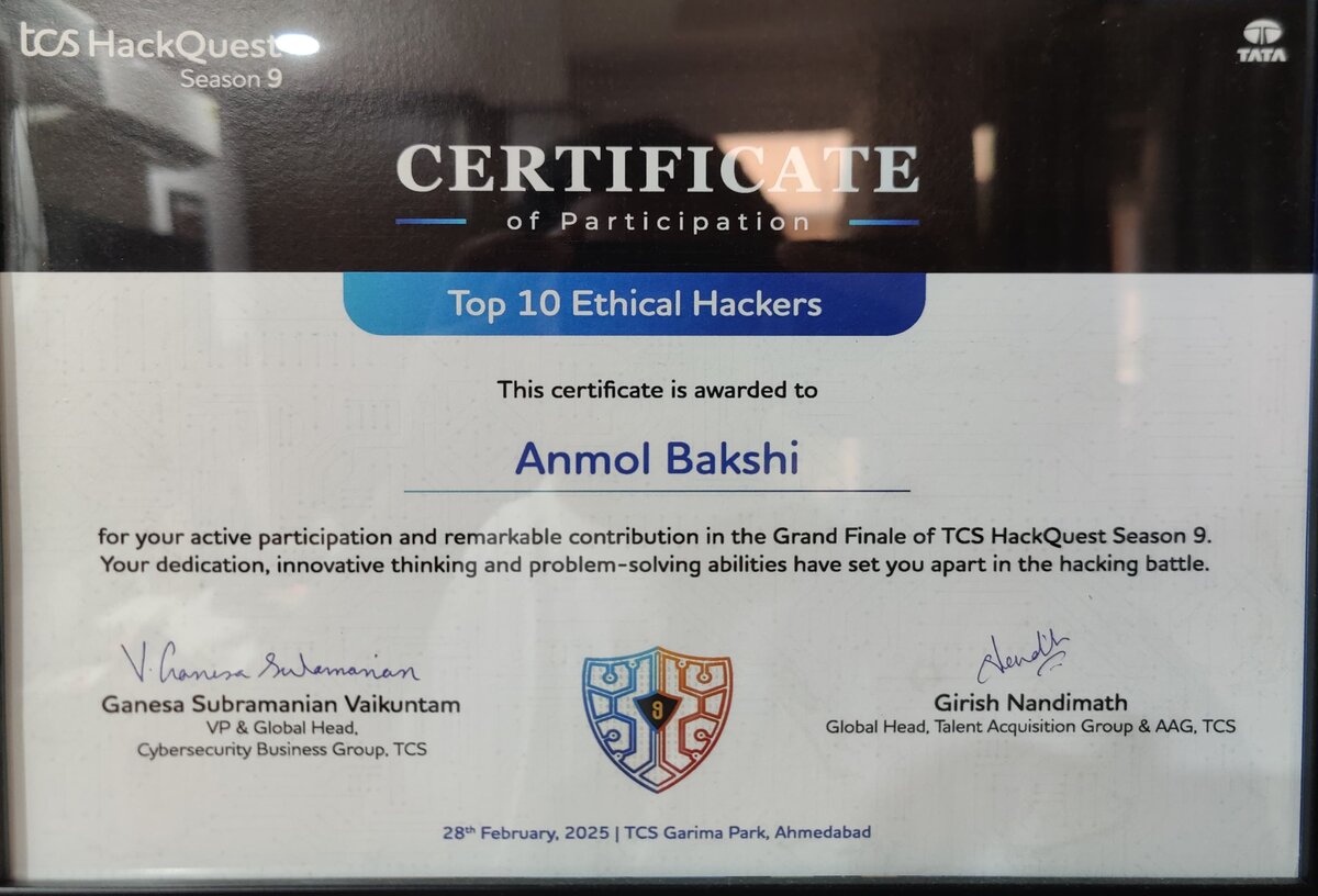 TCS HackQuest Season 9 Certificate